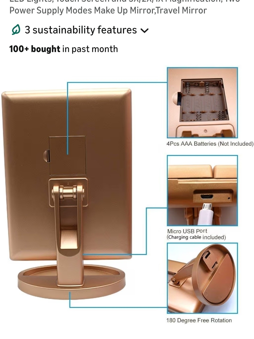 Adjustable Rose Gold LED Vanity Mirror with Foldable Stand